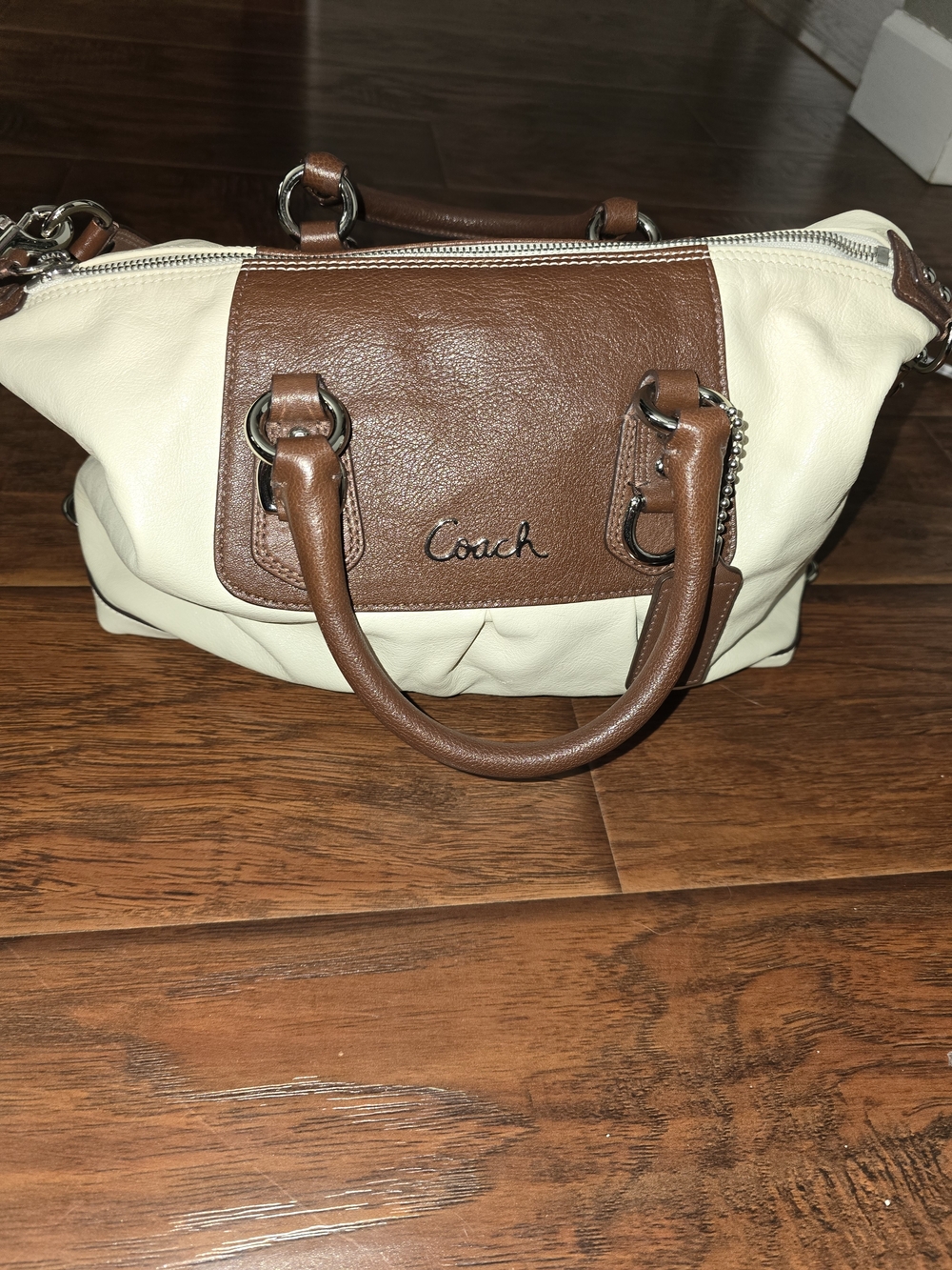 Coach Two-Tone Cream and Brown Leather Satchel